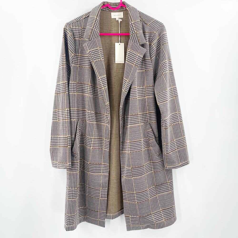 MELLODAY Blazer Size Large NWT Plaid Houndstooth Longline Open Stretch Fall